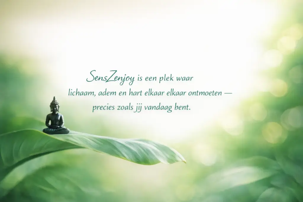Klein Boeddhabeeld rust op een groot groen blad, symbool voor mindfulness en natuur bij SensZenjoy in Capelle aan den IJssel.