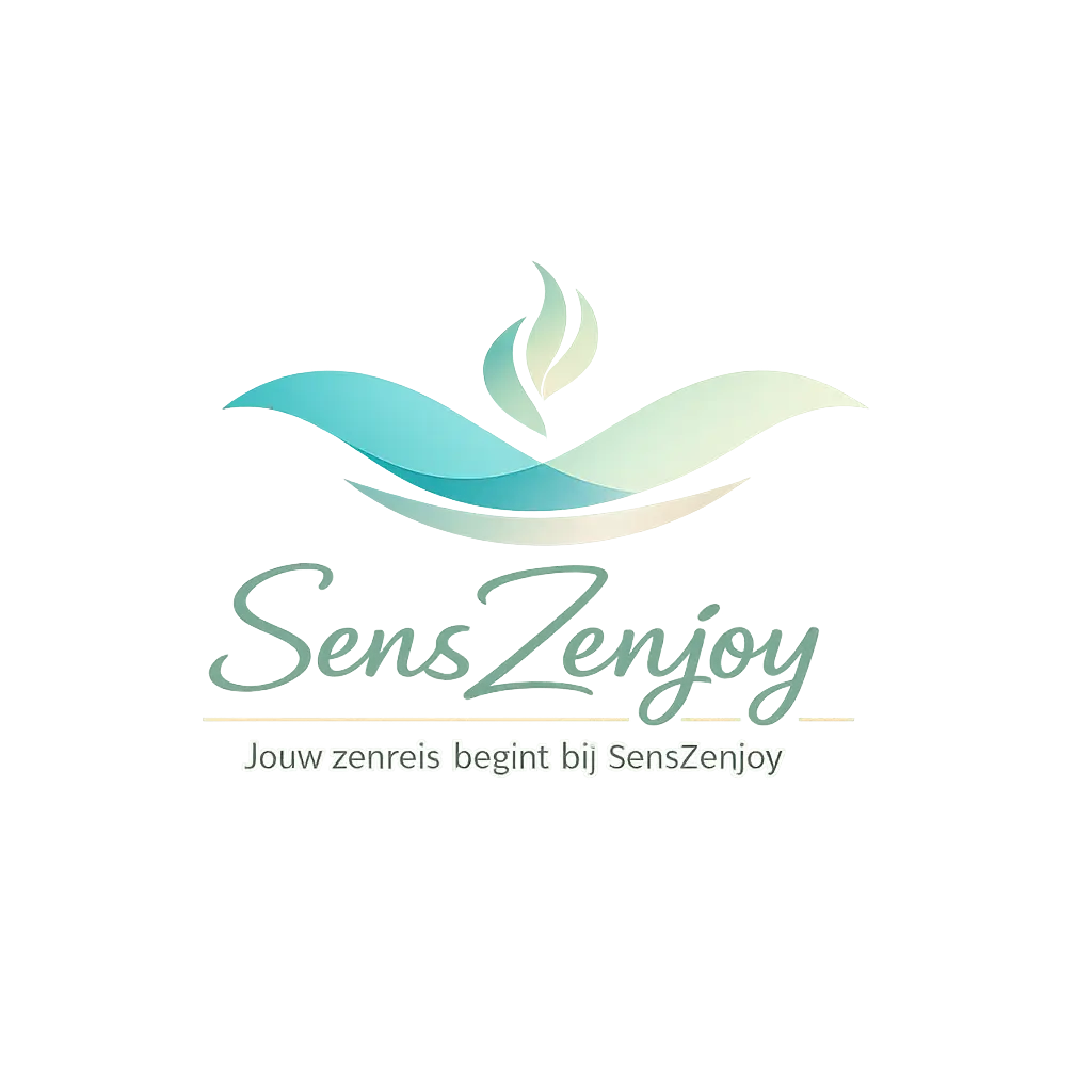 Abstract logo van SensZenjoy met vloeiende lijnen in saliegroen en beige, symbool voor rust en balans.